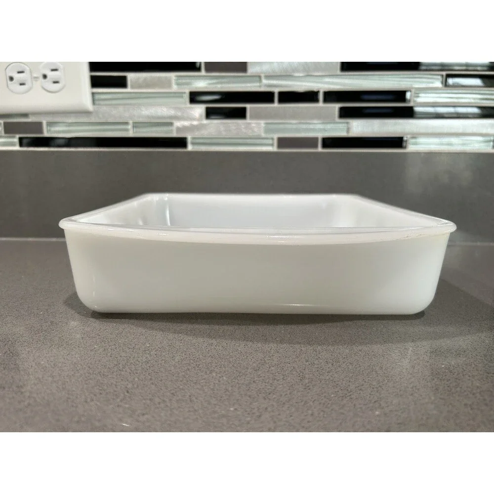 Vintage Glasbake Square Milk Glass Casserole  Green Floral 8x8 Ovenware USA